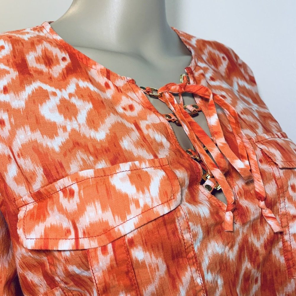 Michael Kors Women's Tunic Blouse Cotton Long Sleeves Orange Medium Size Pockets - Picture 6 of 11